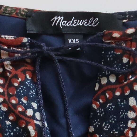 Madewell Navy & Brown V-neck Tassel Tie Flutter Sleeve Ruffle Hem Mini Dress XXS - Picture 11 of 16